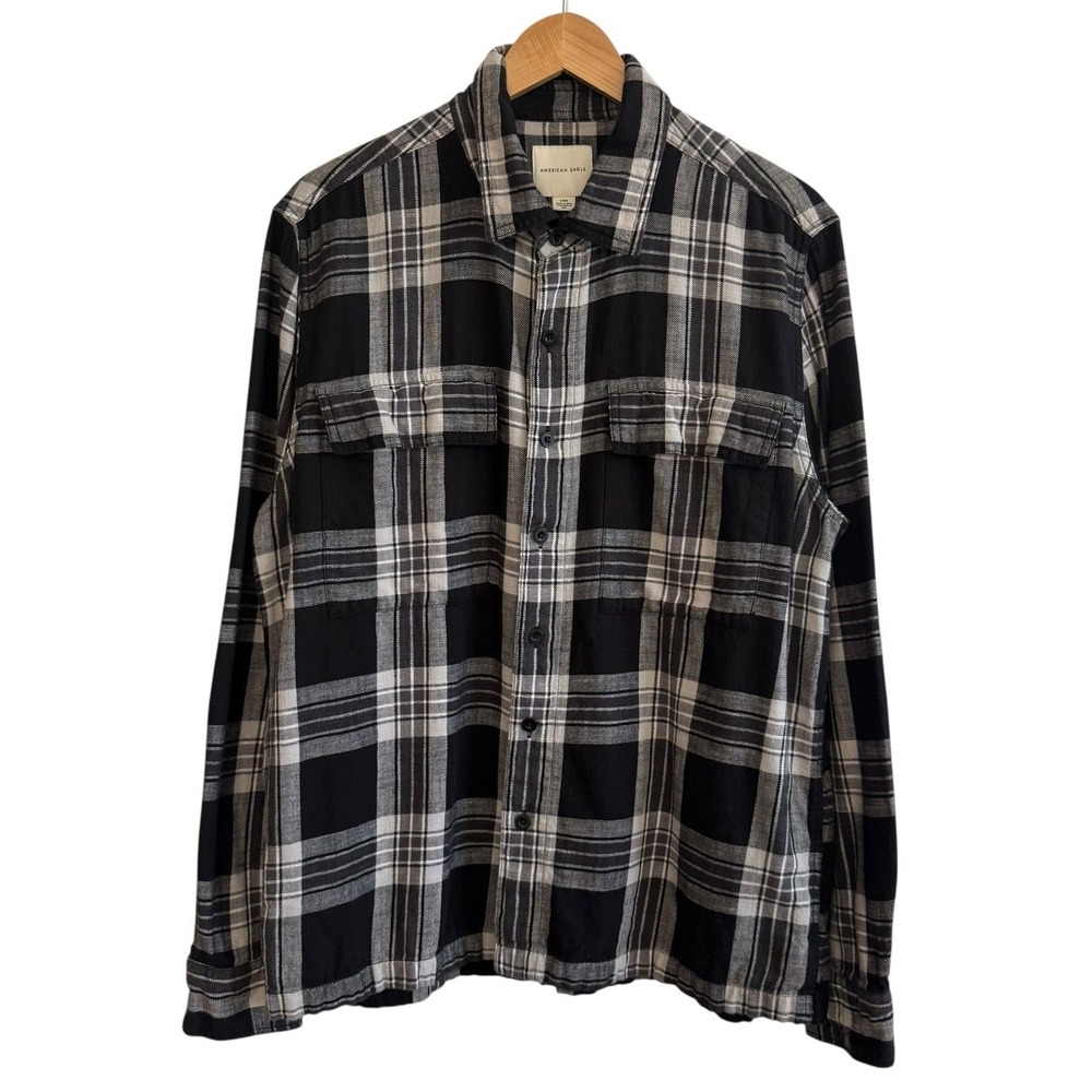 American‎ Eagle Outfitters 100% Cotton Button-Up Blue Plaid Long Sleeve Shirt L
